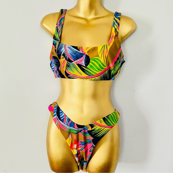 Aerie Tropical boho beach scoop neck matching Bikini cheekier bottom swim set - Picture 1 of 5
